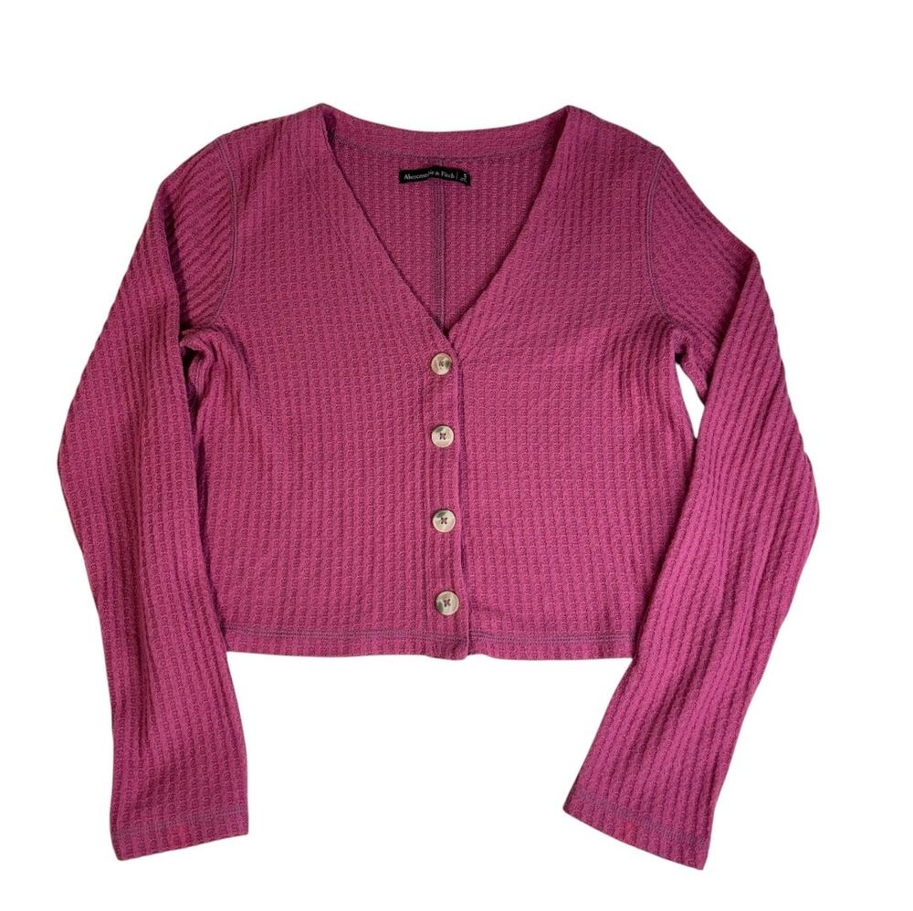 ABERCROMBIE & FITCH Women’s Pink Waffle-Knit Button-Up Cardigan Small